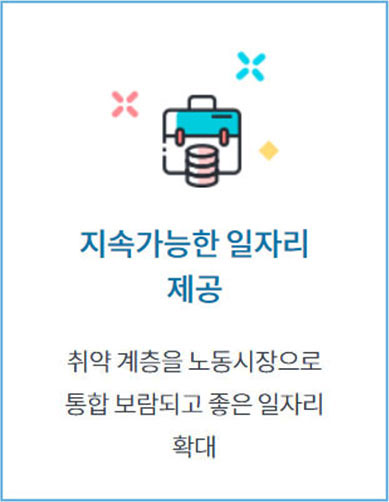 지속가능한 일자리 제공 - 취약 계츨을 노동시장으로 통합 보람되고 좋은 일자리 확대